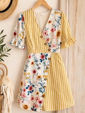 Boho Patchwork Floral Stripe Dress Small Button Front Summer Cottagecore